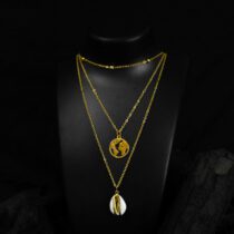 Glorious Gold Color Shell Pattern Triple layered Necklace