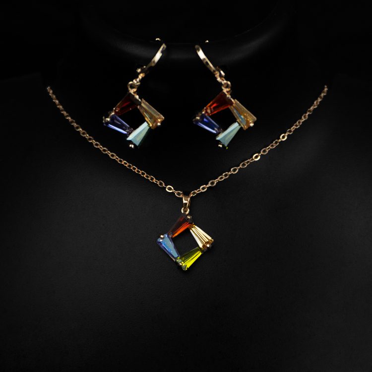 Beautiful Multicolor Crystal Square Shape Necklace Earrings Set