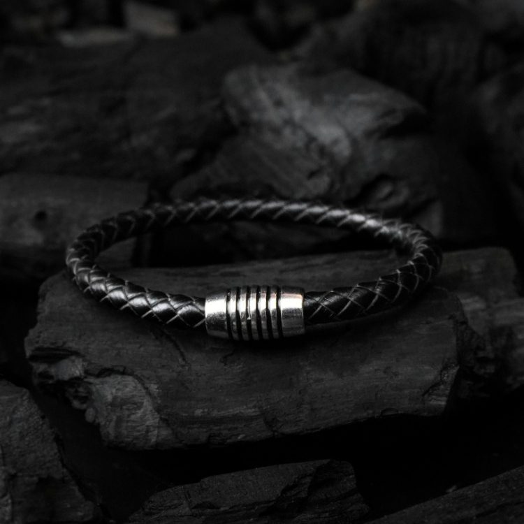Black Leather Bracelet with Magnetic Clasp