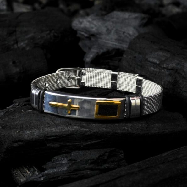 Golden Cross With Silver Strap Bracelet