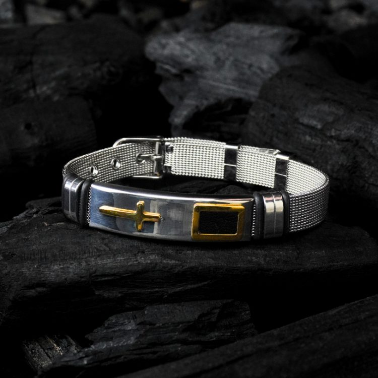 Golden Cross With Silver Strap Bracelet